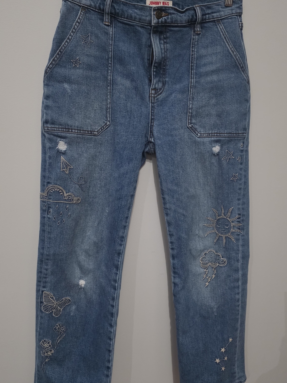 Johnny Was Blue Embroidered Straight-Leg Jeans